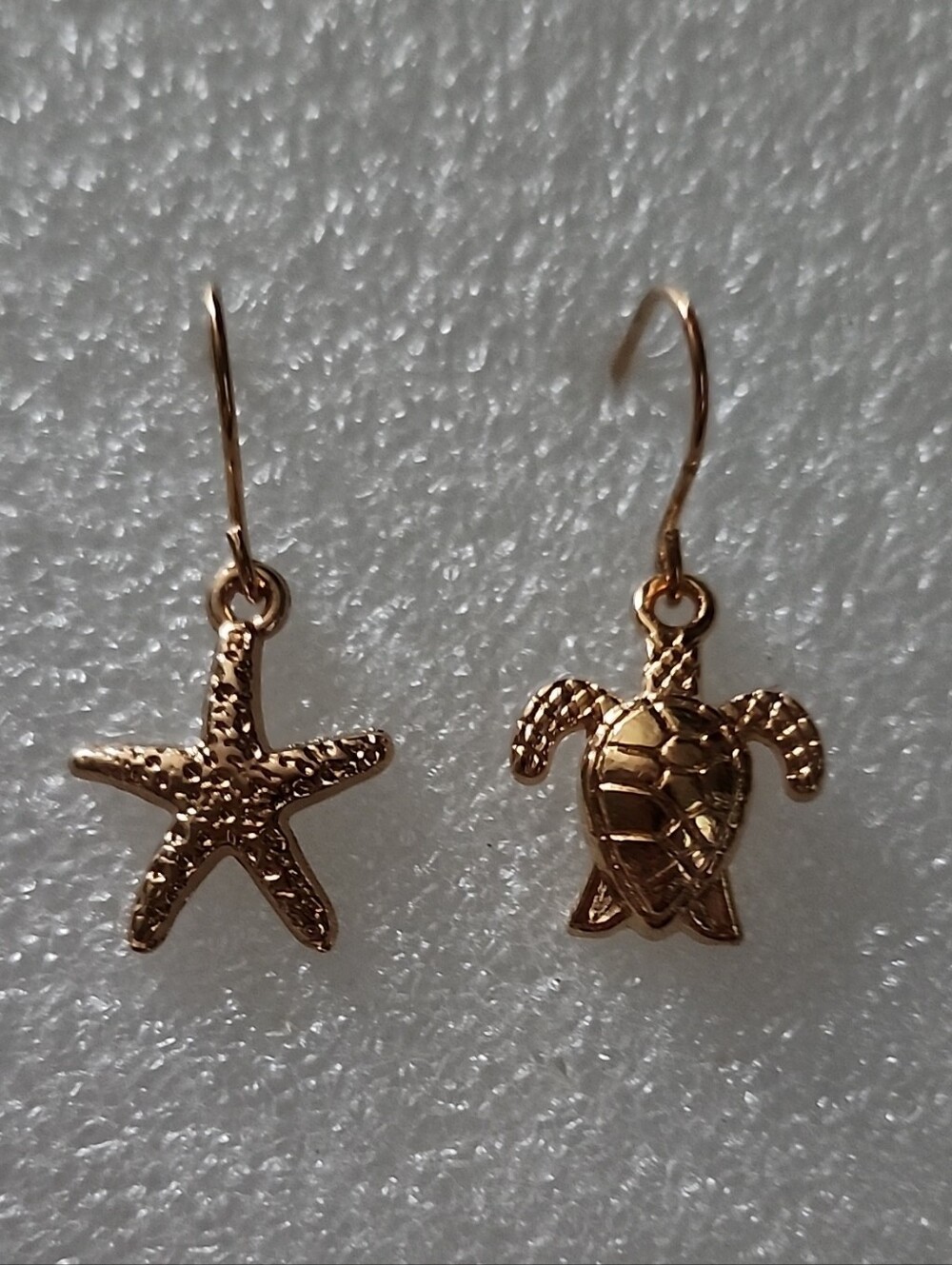 Hand Crafted Gold Starfish and Turtle Dangle Earrings